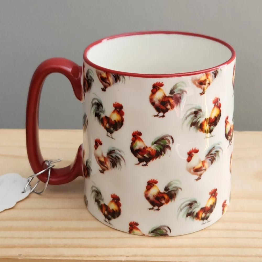 Rooster Patterned Ceramic Mug with Red Handle NWT Cottagecore, Farm, Homestead - Picture 3 of 15